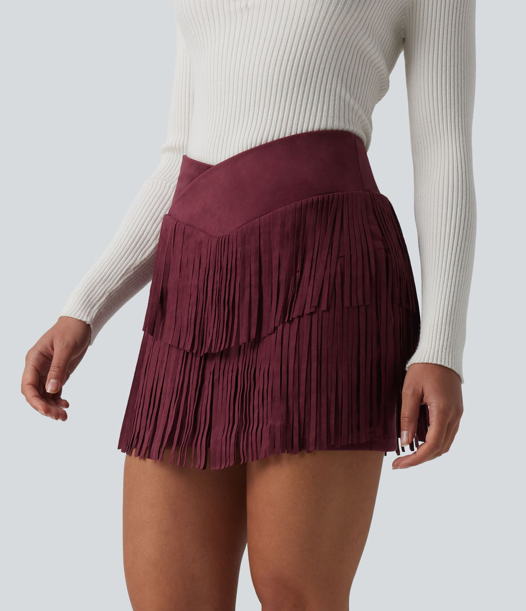 Jupe mini de soirée ajustée effet daim taille haute croisée 2-en-1 à franges