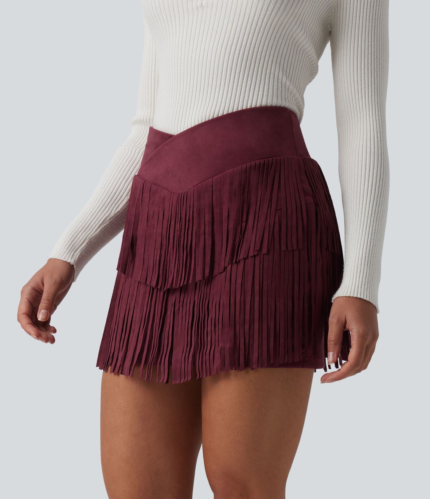 Jupe mini de soirée ajustée effet daim taille haute croisée 2-en-1 à franges