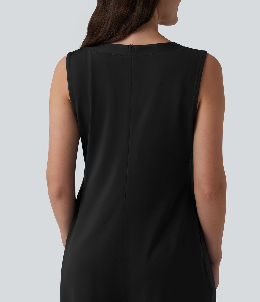 Combinaison casual ample décolleté plongeant sans manches plissée à nœud devant et fermeture éclair invisible avec poches