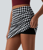 Jupe courte moulante casual 2-en-1 Halara UltraSculpt™ imprimé à carreaux taille haute avec ourlet croisé