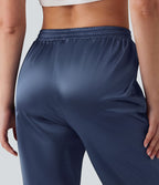 Pantalon tailleur fuselé en satin taille haute grande taille avec poches
