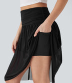 Jupe casual midi fluide 2-en-1 taille haute froncée maille contrastante avec poches latérales