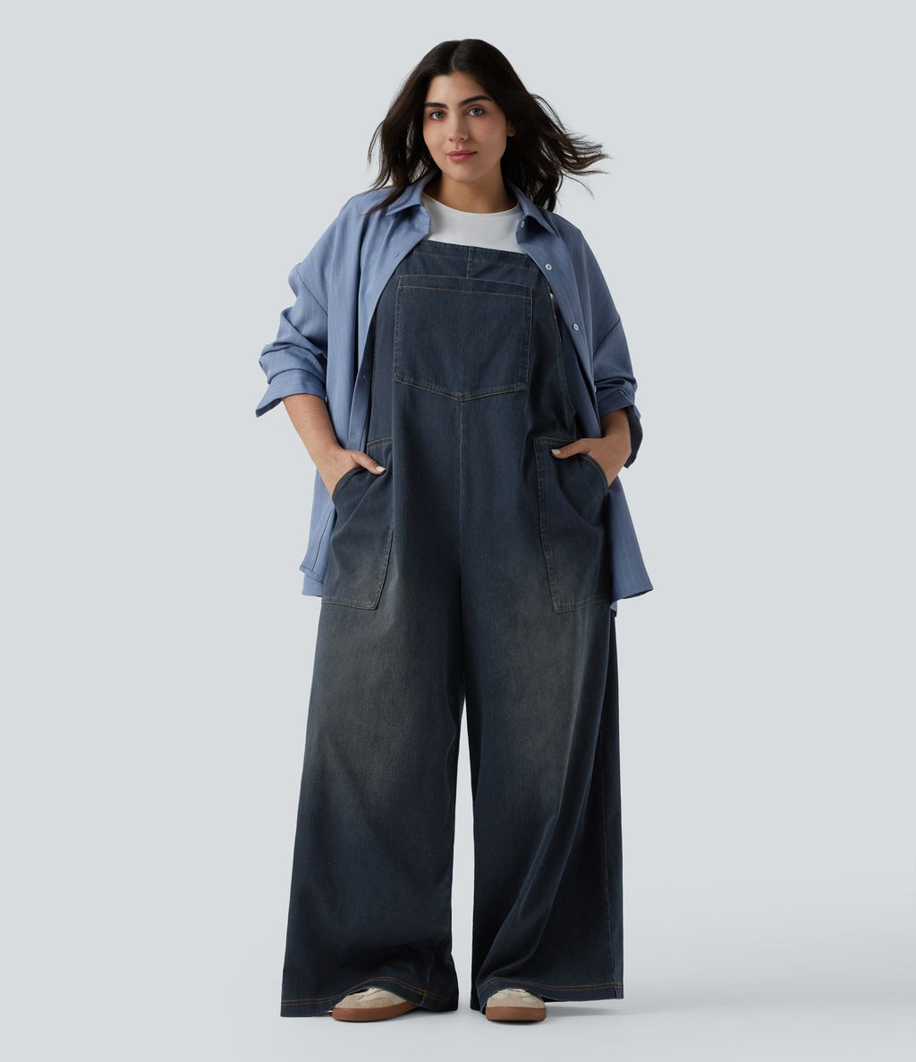 Grande taille Halara Flex™ Salopette casual en jean délavé col carré avec poches