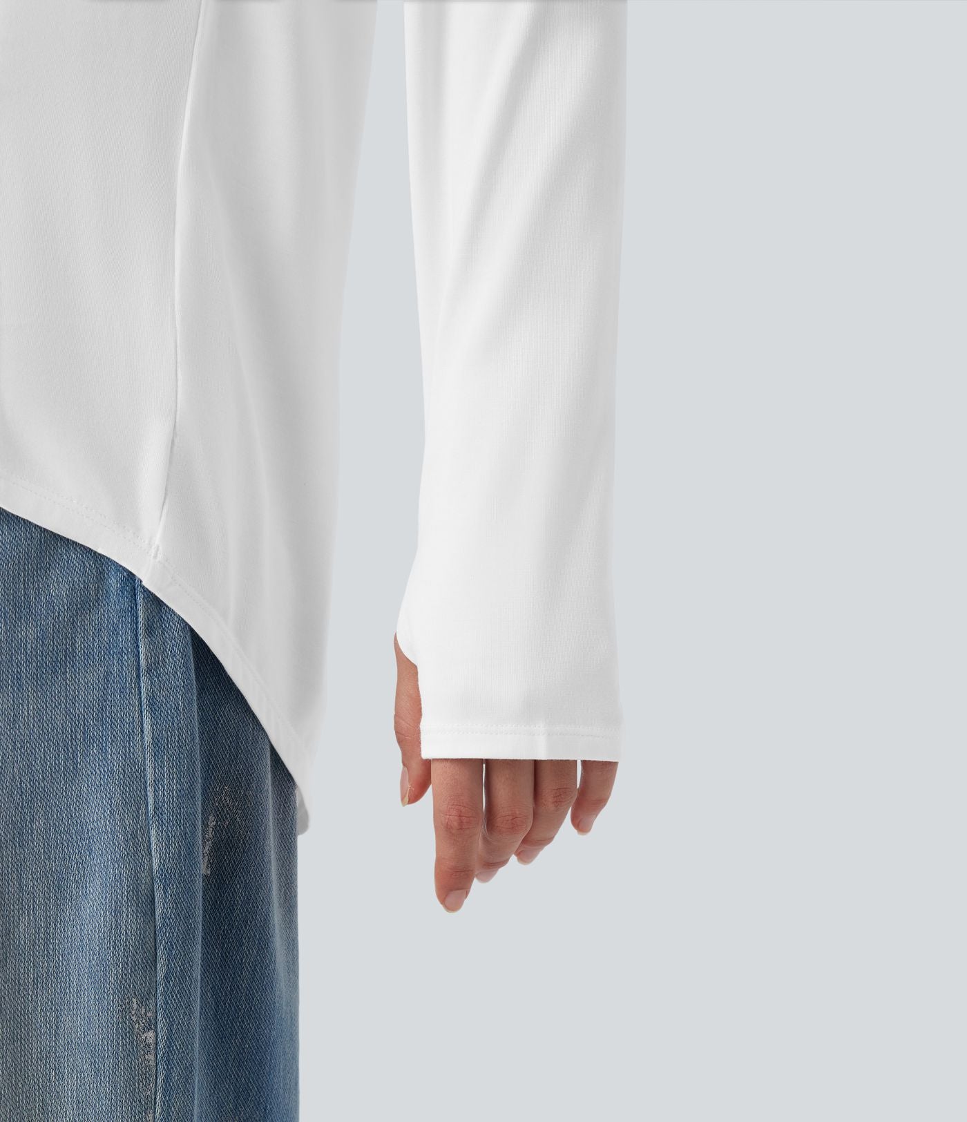 T-shirt décontracté col V profond manches longues à trous pouces coupe décontractée - Réversible devant et dos