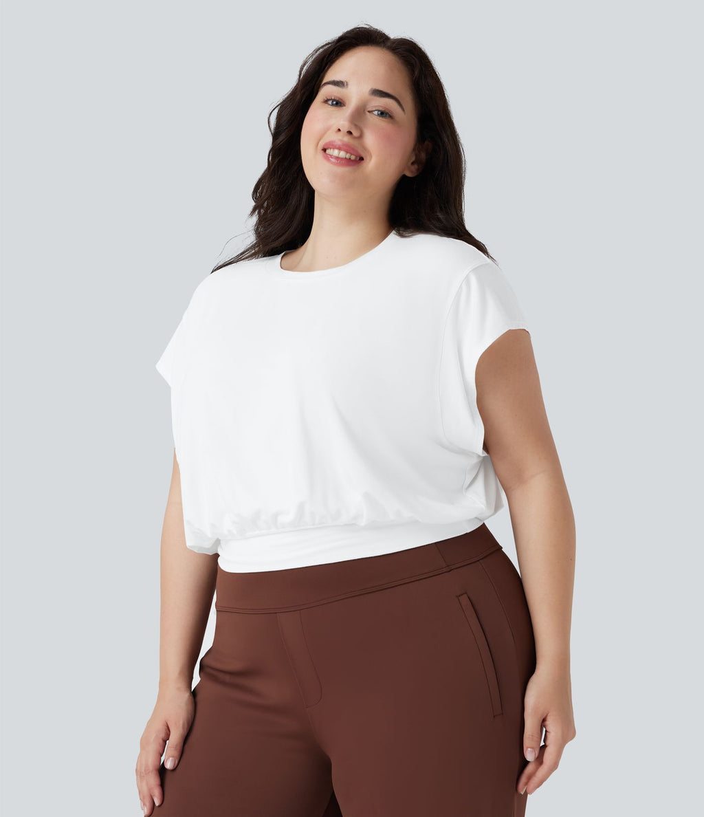 T-shirt de travail grande taille à col rond et manches courtes chauve-souris