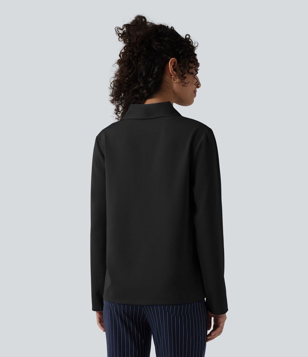 Blouse esprit bureau défroissage facile, col V, manches longues et lien à nouer