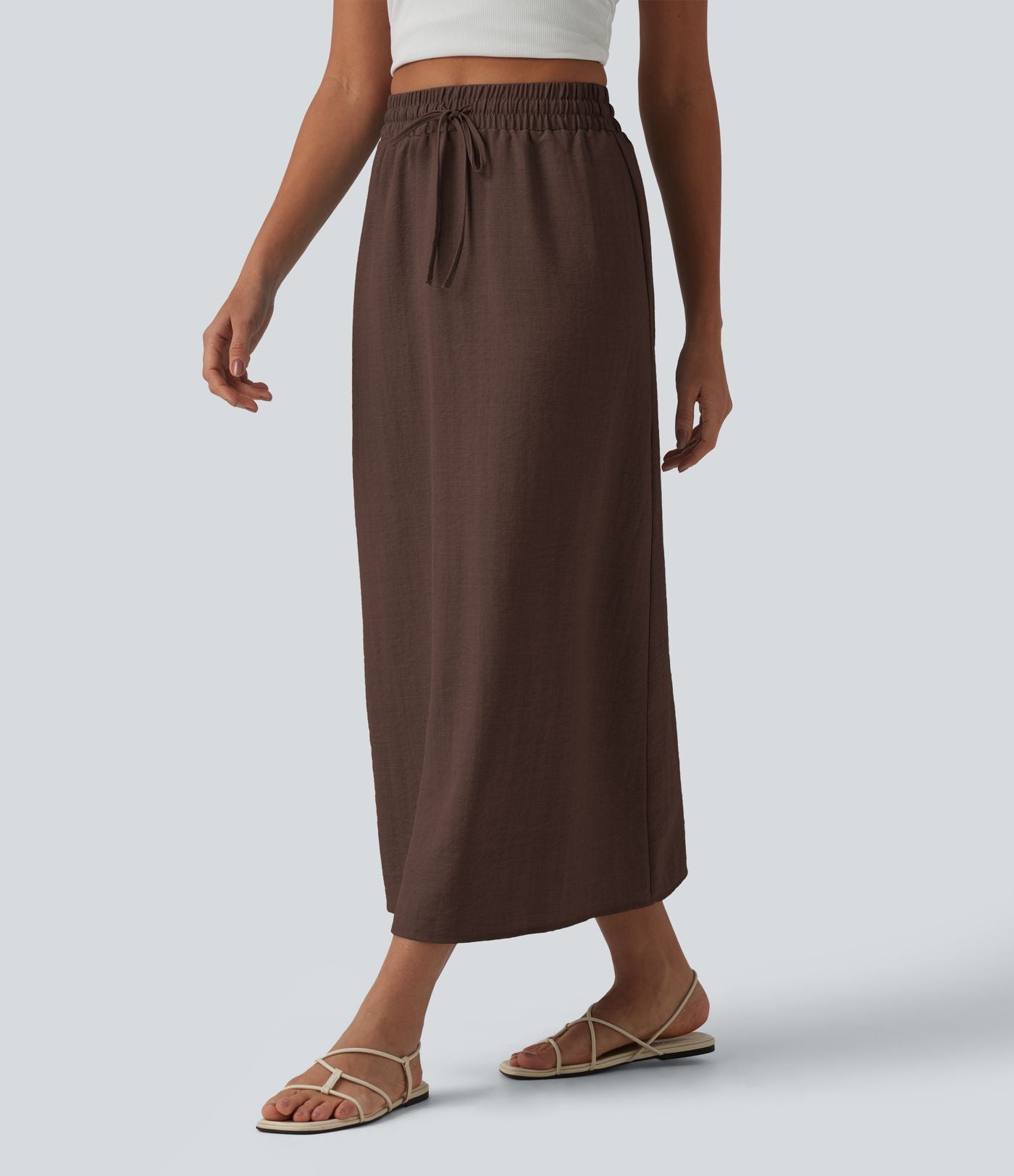 Jupe longue casual aspect lin taille haute avec cordon de serrage