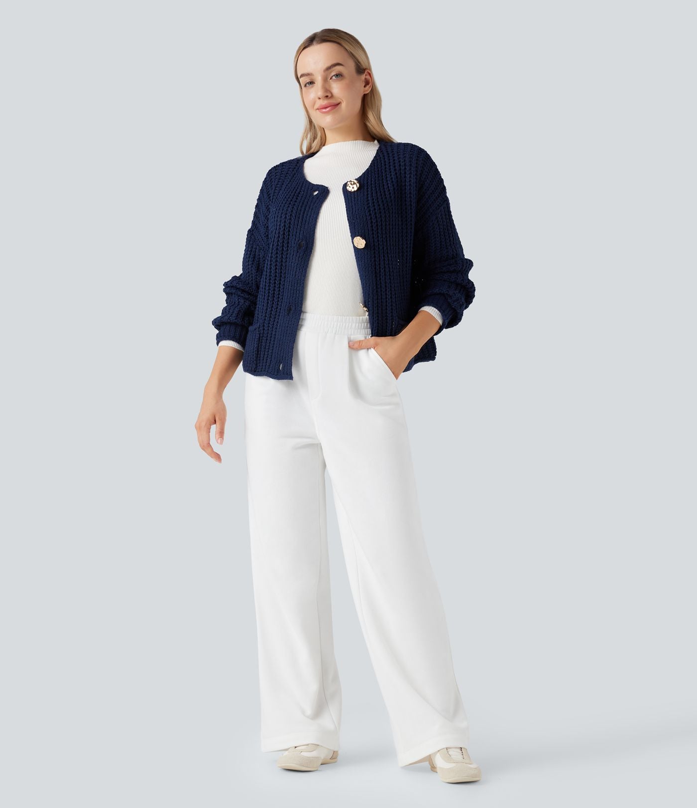 Pantalon jogging tailleur polaire coupe droite taille haute avec poches