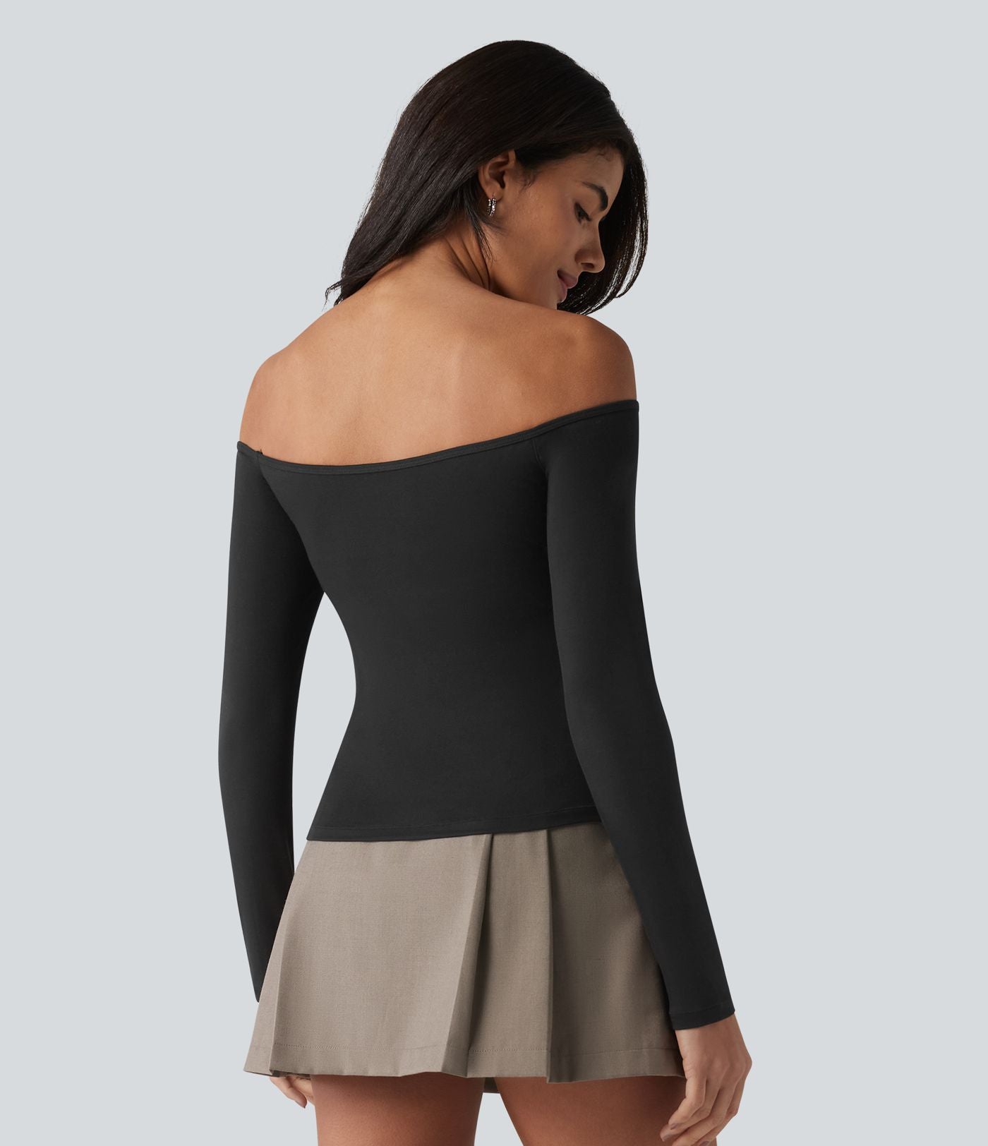 T-shirt casual ultra-ajusté côtelé épaules dénudées à manches longues avec soutien-gorge intégré