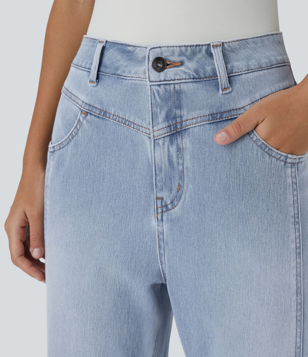 Jean décontracté Halara Flex™ taille haute extensible en maille avec bouton, fermeture éclair, poches multiples et effet délavé