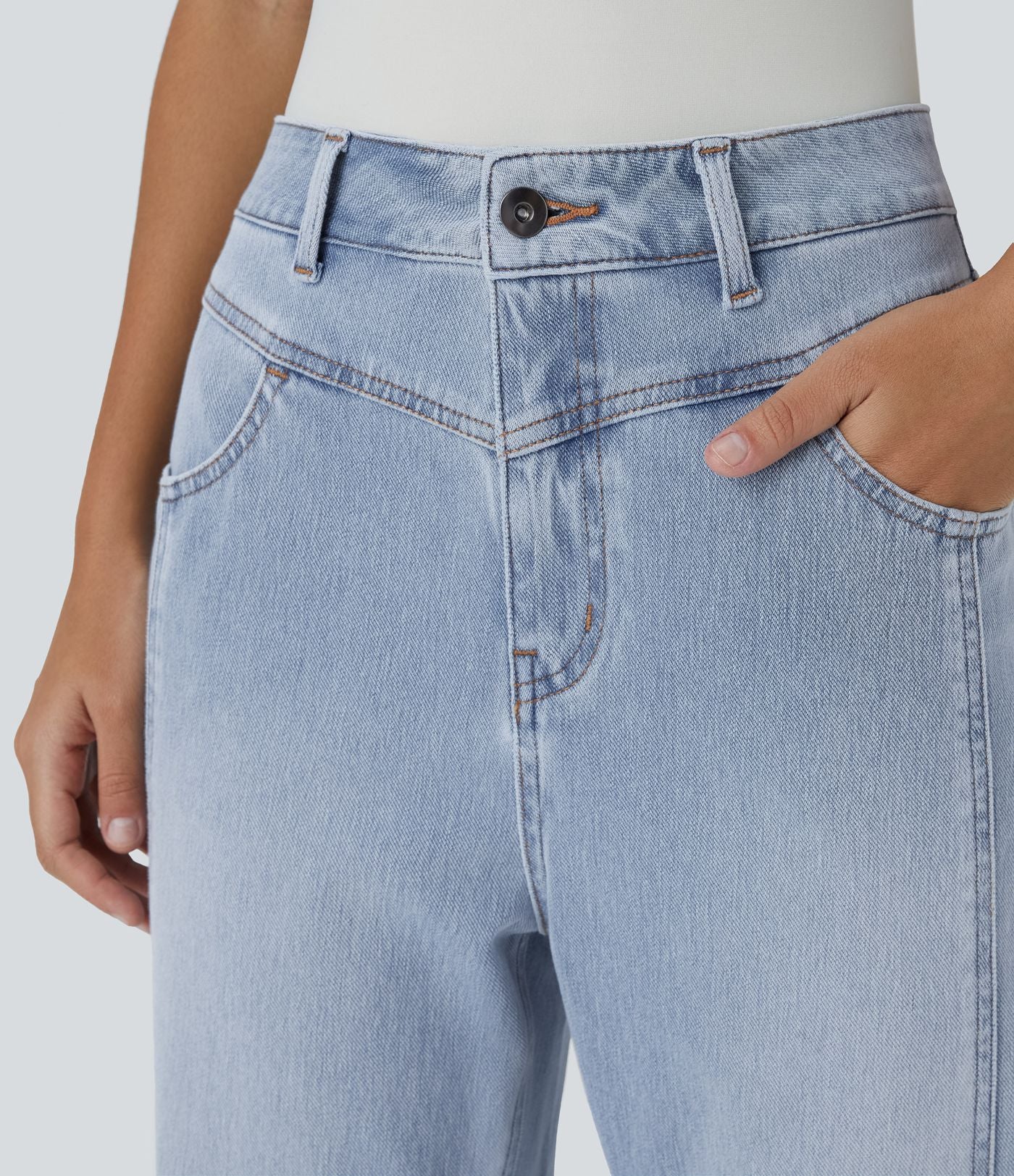 Jean décontracté Halara Flex™ taille haute extensible en maille avec bouton, fermeture éclair, poches multiples et effet délavé