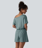 Combishort casual asymétrique manches courtes plissé en nid d'abeille avec poches - Édition Easy Peasy