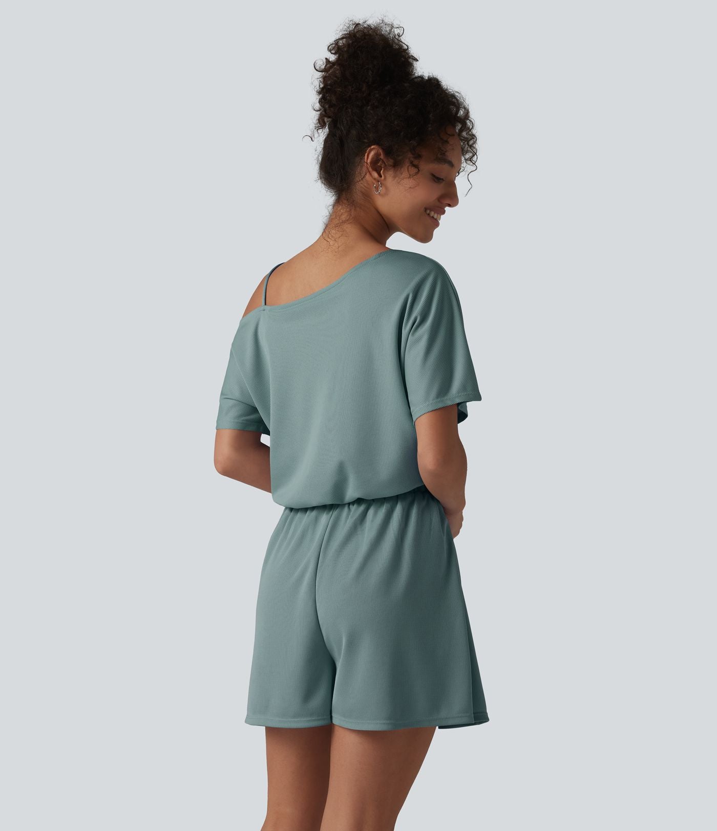 Combishort casual asymétrique manches courtes plissé en nid d'abeille avec poches - Édition Easy Peasy