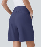Short Bermuda Tailleur Fluide sculptant taille haute en maille gaufrée avec poches latérales