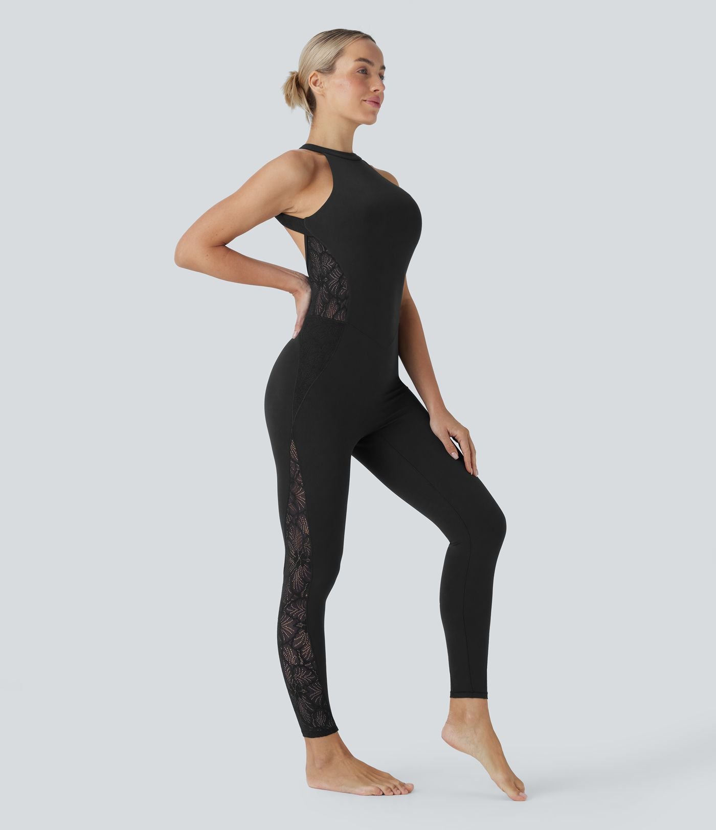 Combinaison de yoga moulante Softlyzero™ à dos nu avec dentelle contrastante - UPF50+