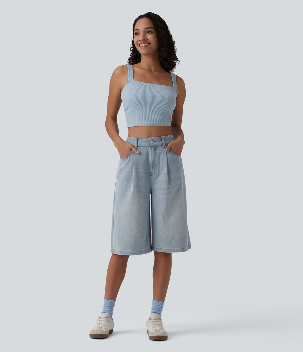 Bermuda denim décontracté Halara Flex™ taille haute avec poches