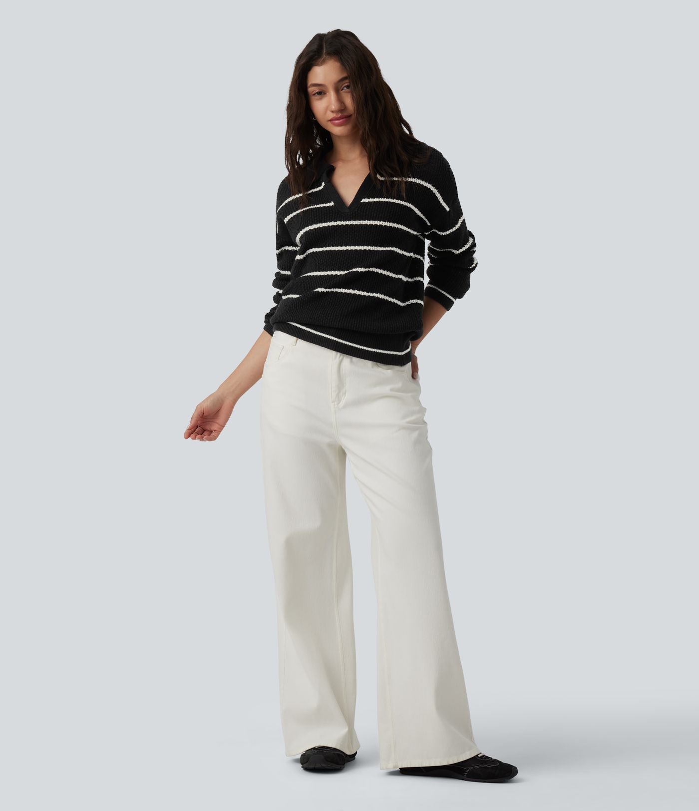 Pull casual col V manches longues à rayures
