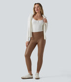 Pantalon 7/8 moulant décontracté polaire gainant taille haute extensible effet cuir avec poches