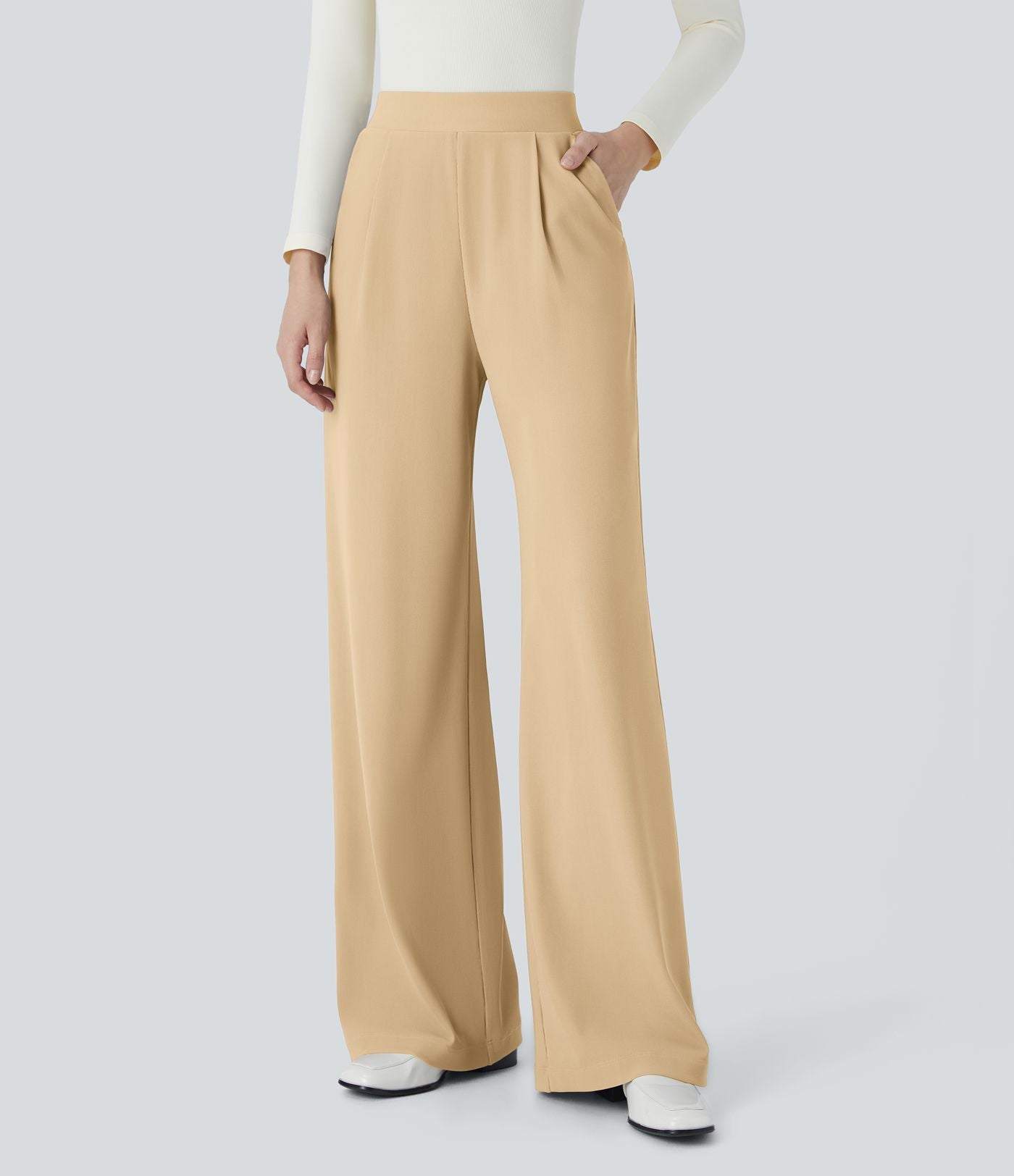 Halara Flex™ Pantalon Tailleur Évasé à Taille Haute Sculptant la Silhouette avec Poches Latérales Micro Waffle