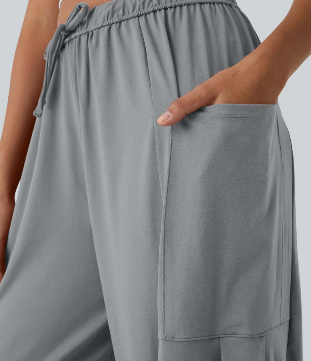 Pantalon Large Fluide Taille Mi-Haute Taille Élastique Cordon Poches Latérales Ourlet Flottant
