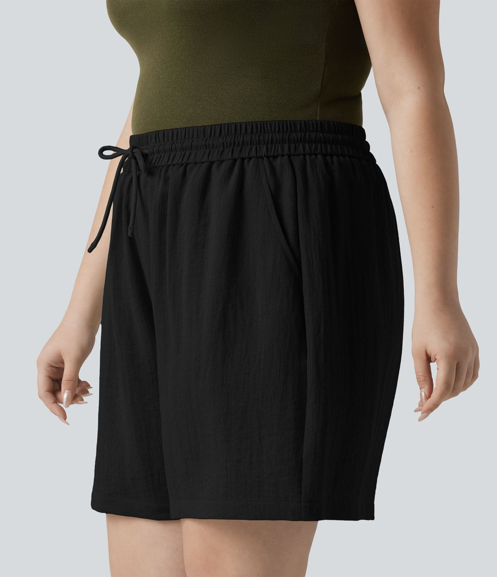Short casual aspect lin grande taille taille haute avec cordon de serrage et poches