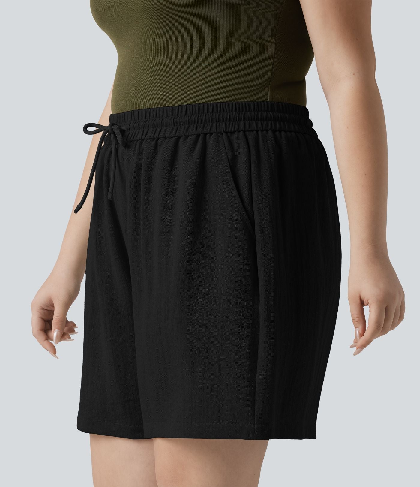 Short casual aspect lin grande taille taille haute avec cordon de serrage et poches