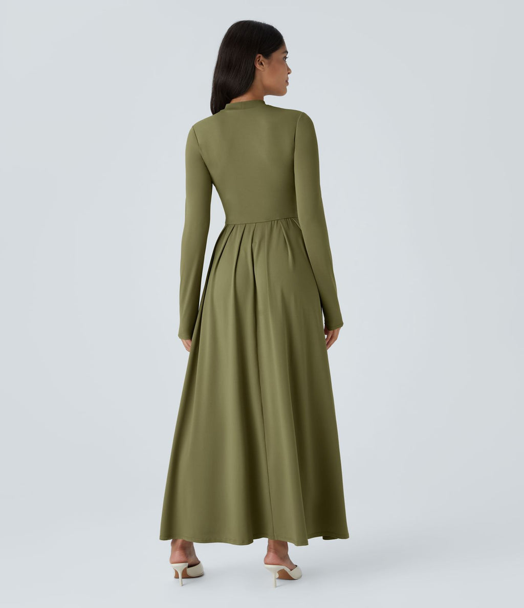 Robe longue décontractée à col montant, manches longues, plissée, avec poches latérales et coupe évasée