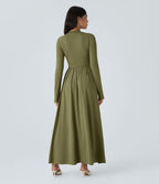 Robe longue décontractée à col montant, manches longues, plissée, avec poches latérales et coupe évasée