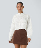 Pull décontracté à col montant, manches évêque, ourlet festonné et maille ajourée