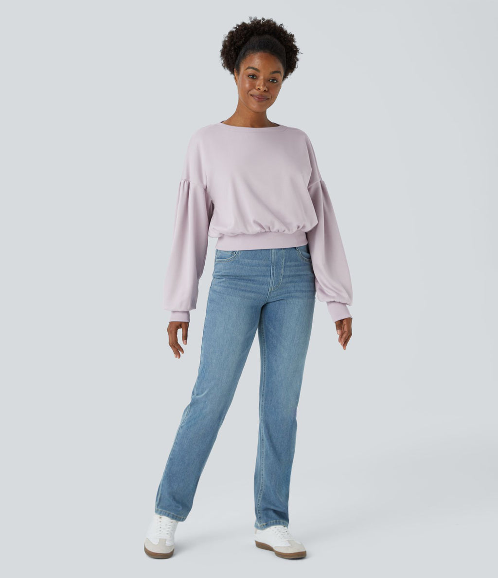Sweat-shirt décontracté ample à col rond, épaules tombantes et manches évasées plissées