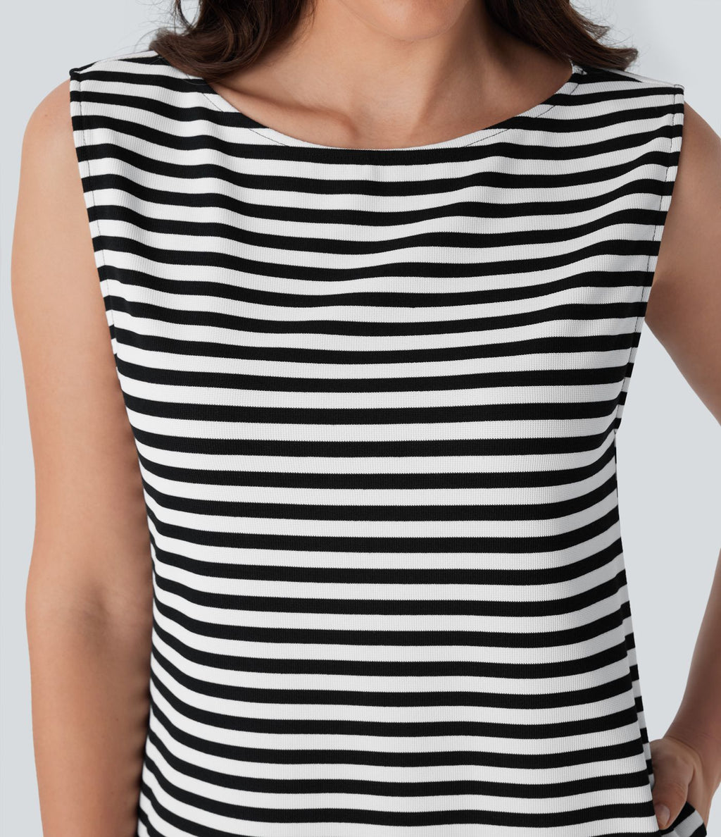 Robe décontractée mini à col bateau, sans manches, ourlet arrondi, rayures et tissu gaufré avec poches