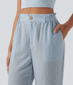 Pantalon 7/8 décontracté aspect lin à carreaux taille haute avec poches