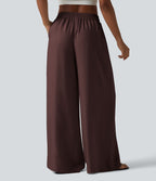 Pantalon large fluide taille haute en lin mélangé avec poches et liens latéraux