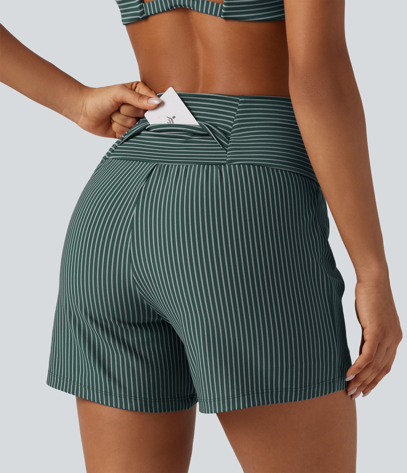 Short de yoga 2-en-1 à rayures, taille très haute, 12,5 cm, à poches
