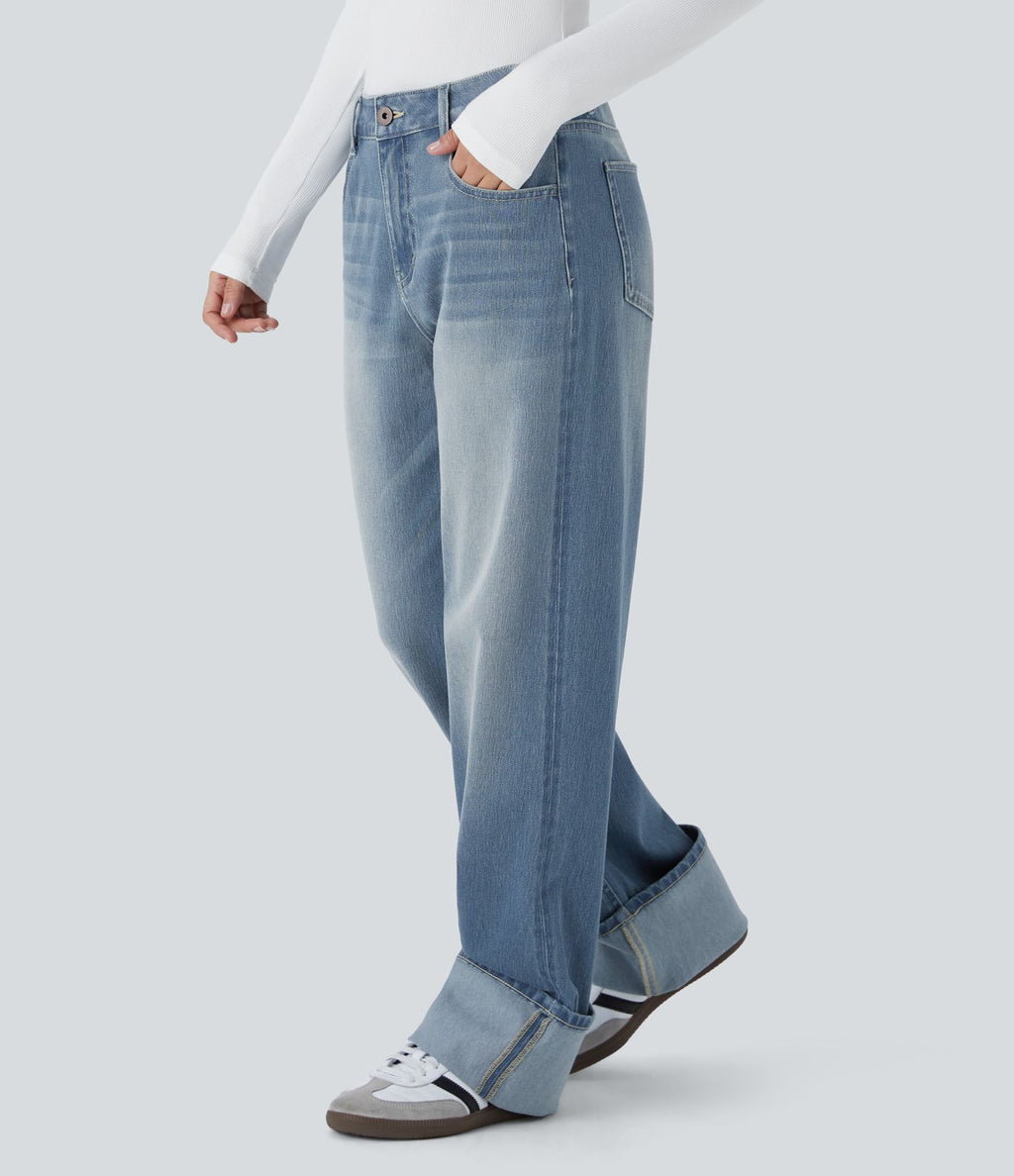 Jean boyfriend taille basse extensible délavé avec poches multiples Halara Flex™