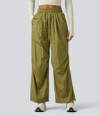 Pantalon cargo ample de randonnée taille haute avec cordon de serrage, fronces et poches