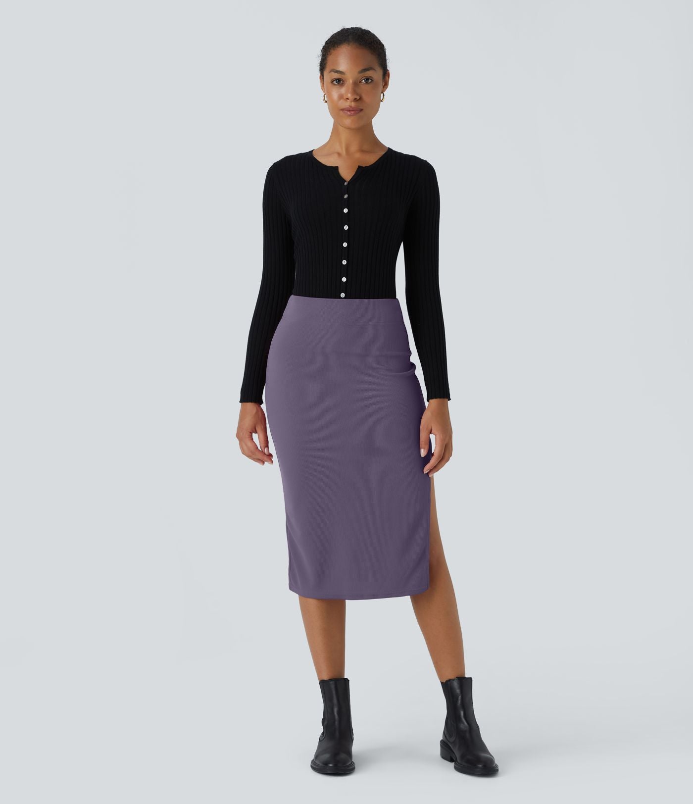 Jupe Midi Moulante Casual en Côtes Taille Haute Fendue