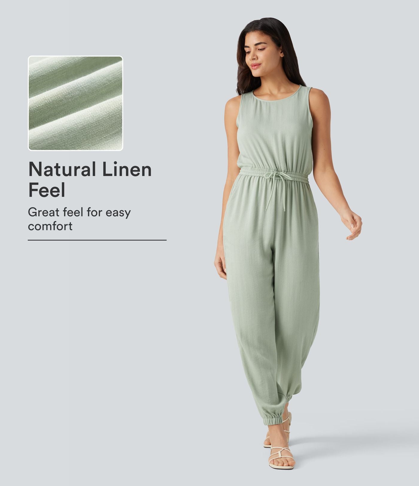 Combinaison casual col rond sans manches avec cordon de serrage, aspect lin et poches