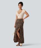 Jupe casual maxi gaufrée léopard taille haute gainante à poche