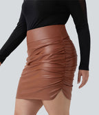 Jupe mini moulante grande taille 2 en 1 taille haute ventre plat froncée ourlet arrondi en polaire simili cuir — longueur allongée