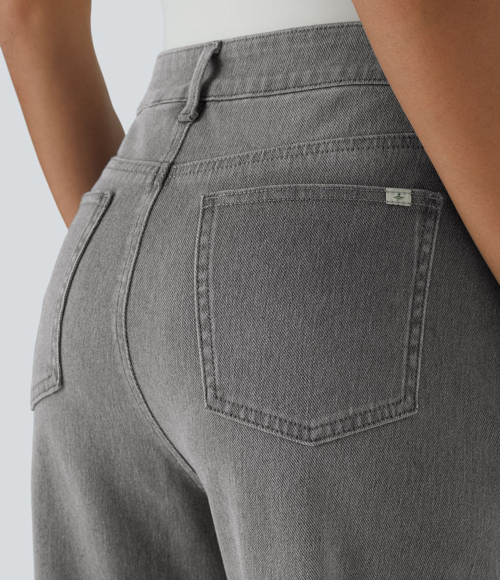Jean décontracté Halara Flex™ taille haute extensible en maille avec bouton, fermeture éclair, poches multiples et effet délavé