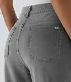 Jean décontracté Halara Flex™ taille haute extensible en maille avec bouton, fermeture éclair, poches multiples et effet délavé