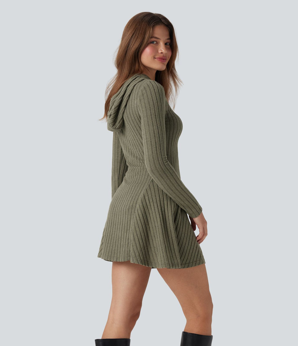 Robe décontractée mini à capuche maille côtelée manches longues avec cordon de serrage