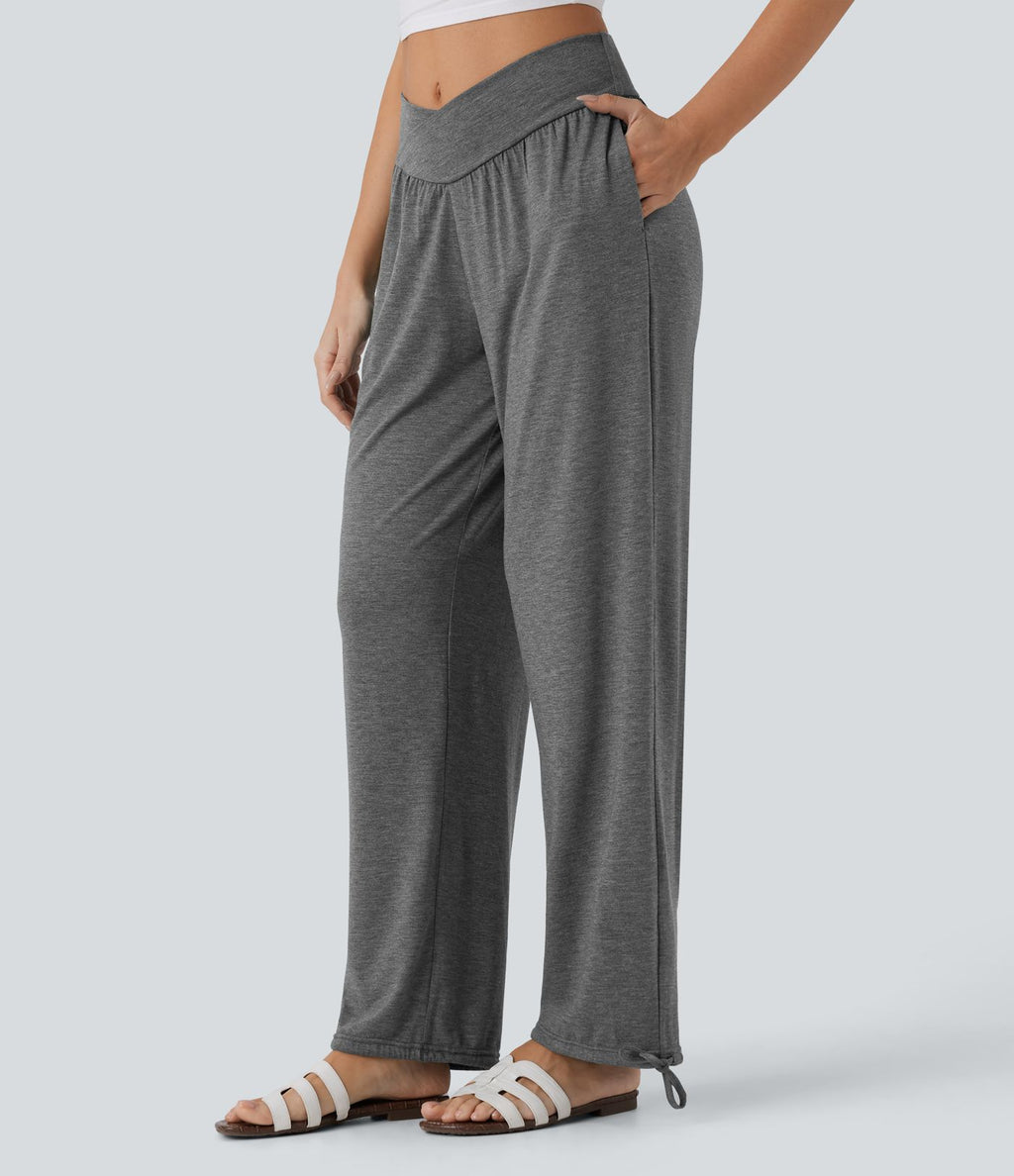 Pantalon de jogging décontracté à taille haute croisée avec poches latérales et cordon de serrage