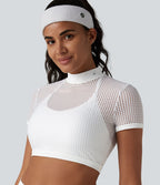 Haut de sport de course court col cheminée manches courtes ajouré - sans brassière de sport incluse