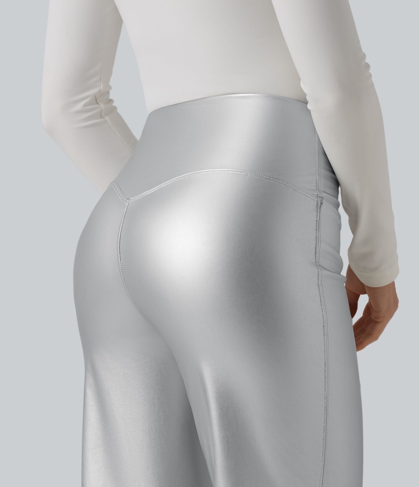 Pantalon similicuir évasé gainant taille haute stretch avec poches