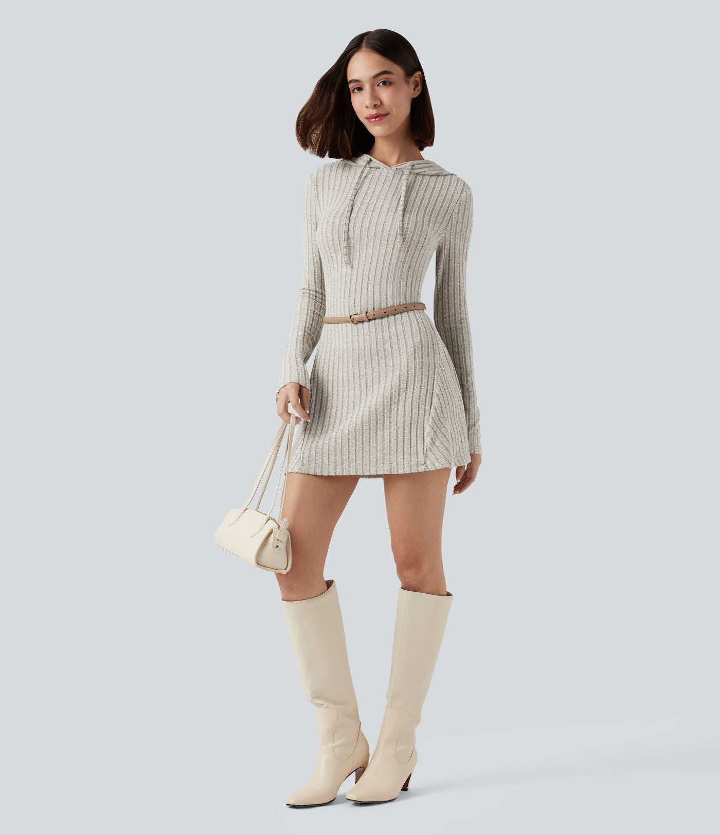 Robe décontractée mini à capuche maille côtelée manches longues avec cordon de serrage