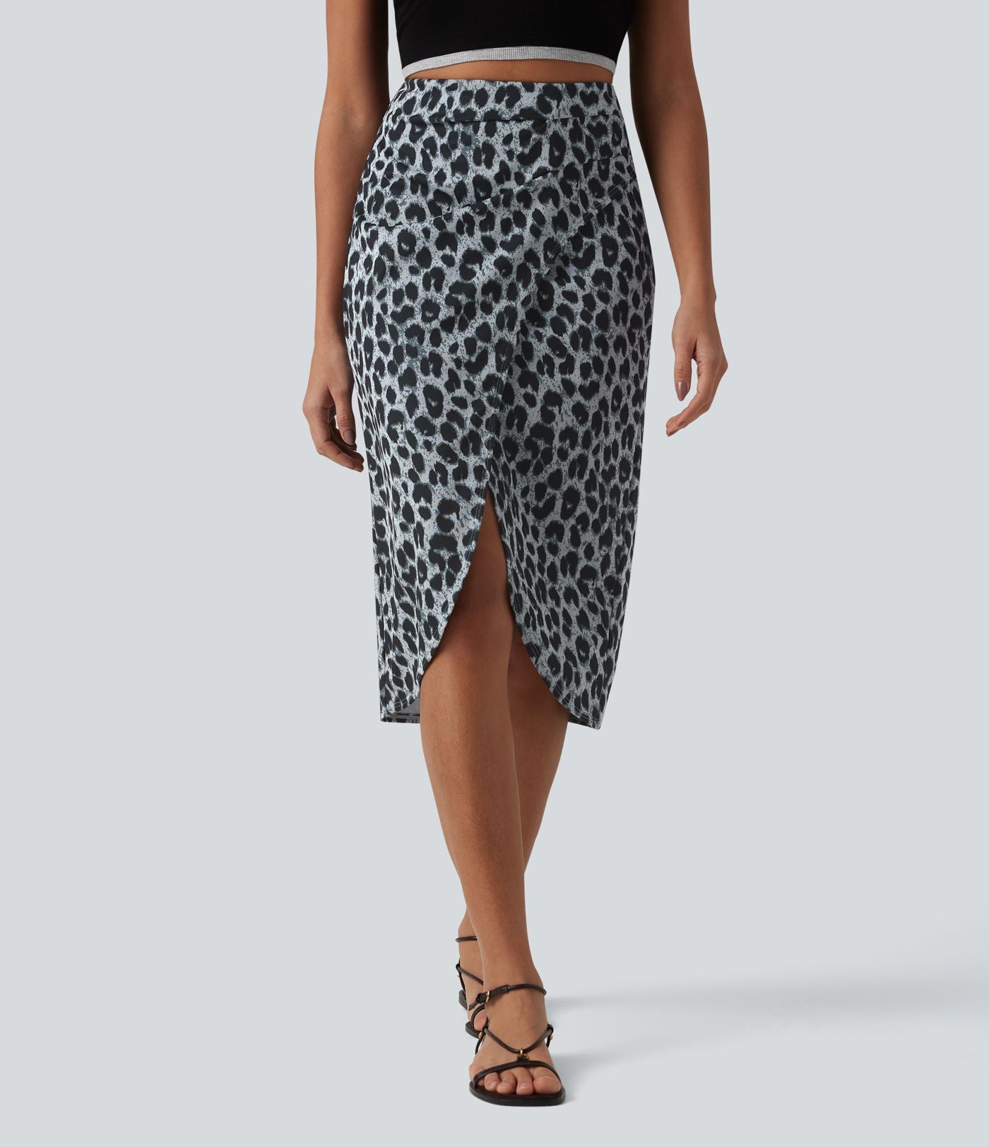 Jupe midi casual tulipe taille haute froncée en tissu gaufré imprimé léopard
