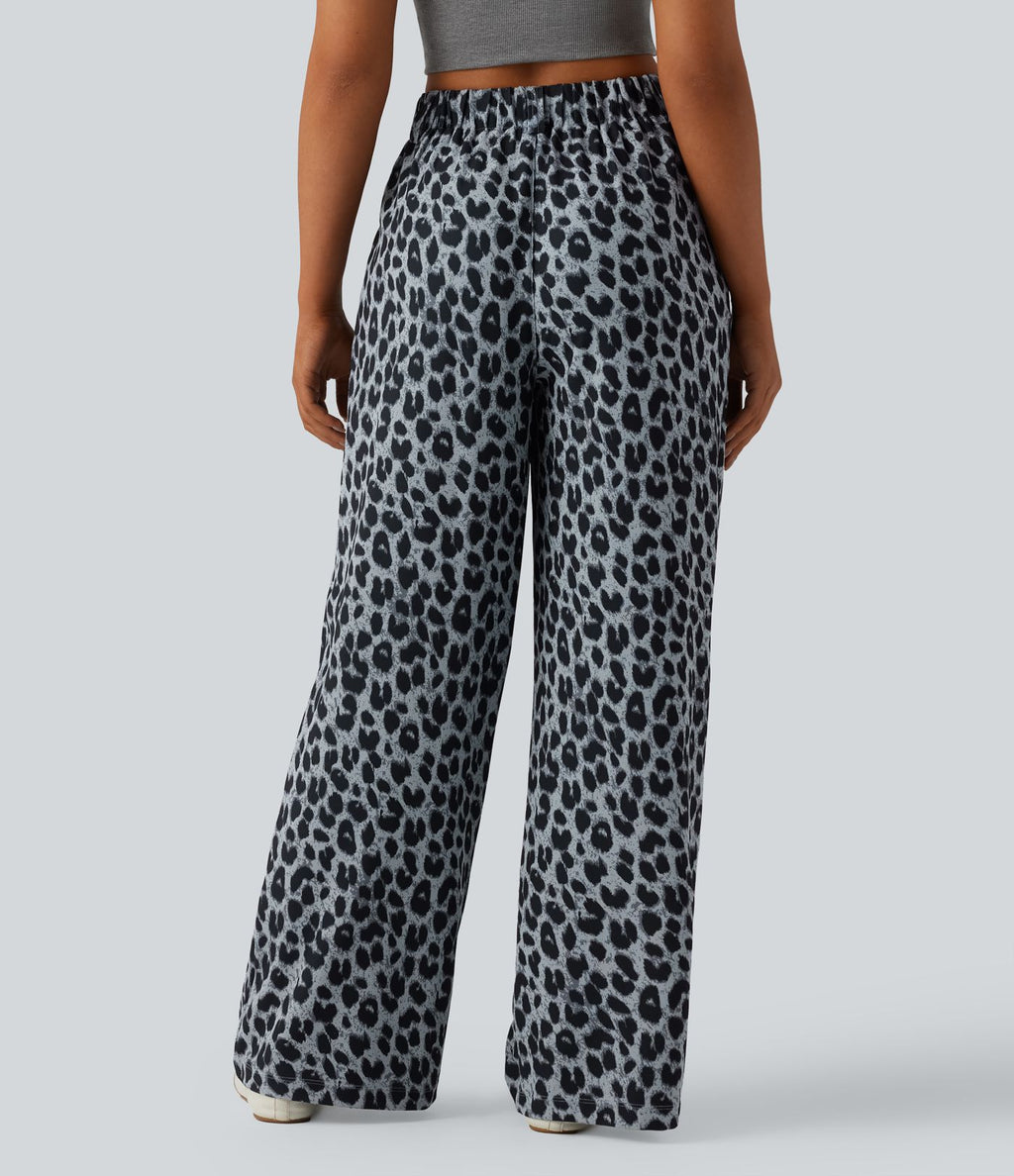 Pantalon large décontracté taille haute imprimé léopard en tissu gaufré avec poches