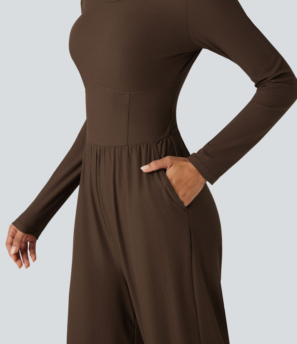Combinaison côtelée corset col rond manches longues avec poches - Édition Easy Peasy